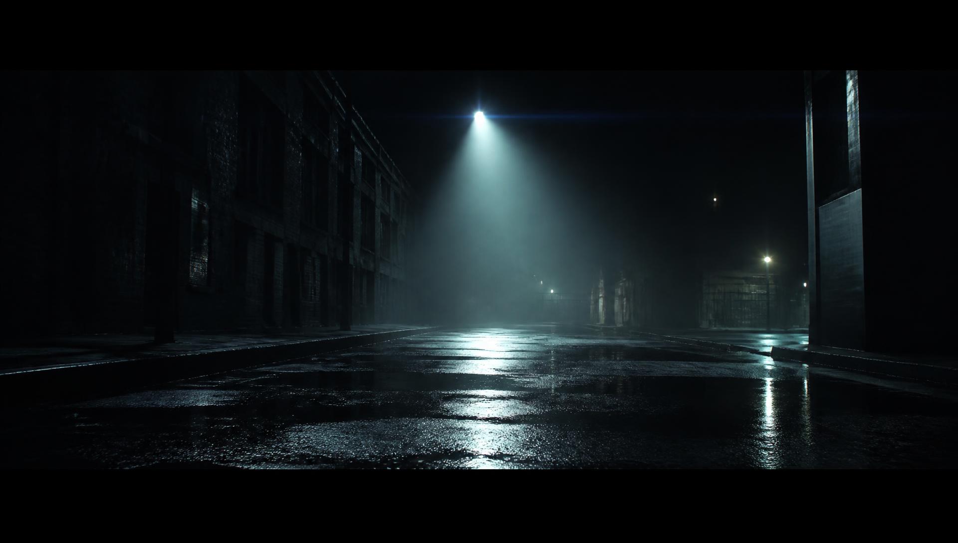 Empty city street at night under a single light