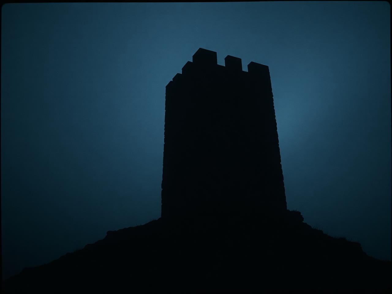 Silhouette of a stone tower in mountain fog